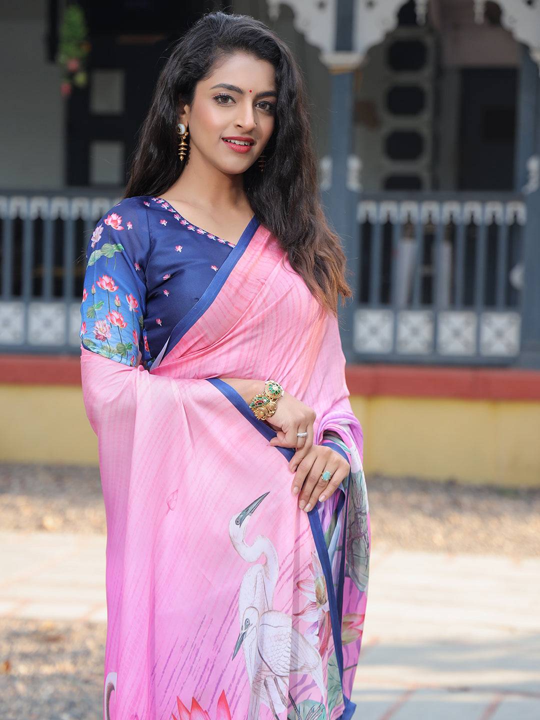 Satin Georgette Dark Pink Colour Hand Print Saree - Luxe