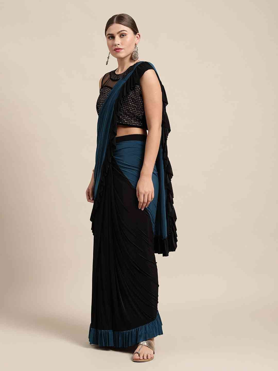 Stylish Viscose Rayon Black Colour Solid Saree With Ruffel Border