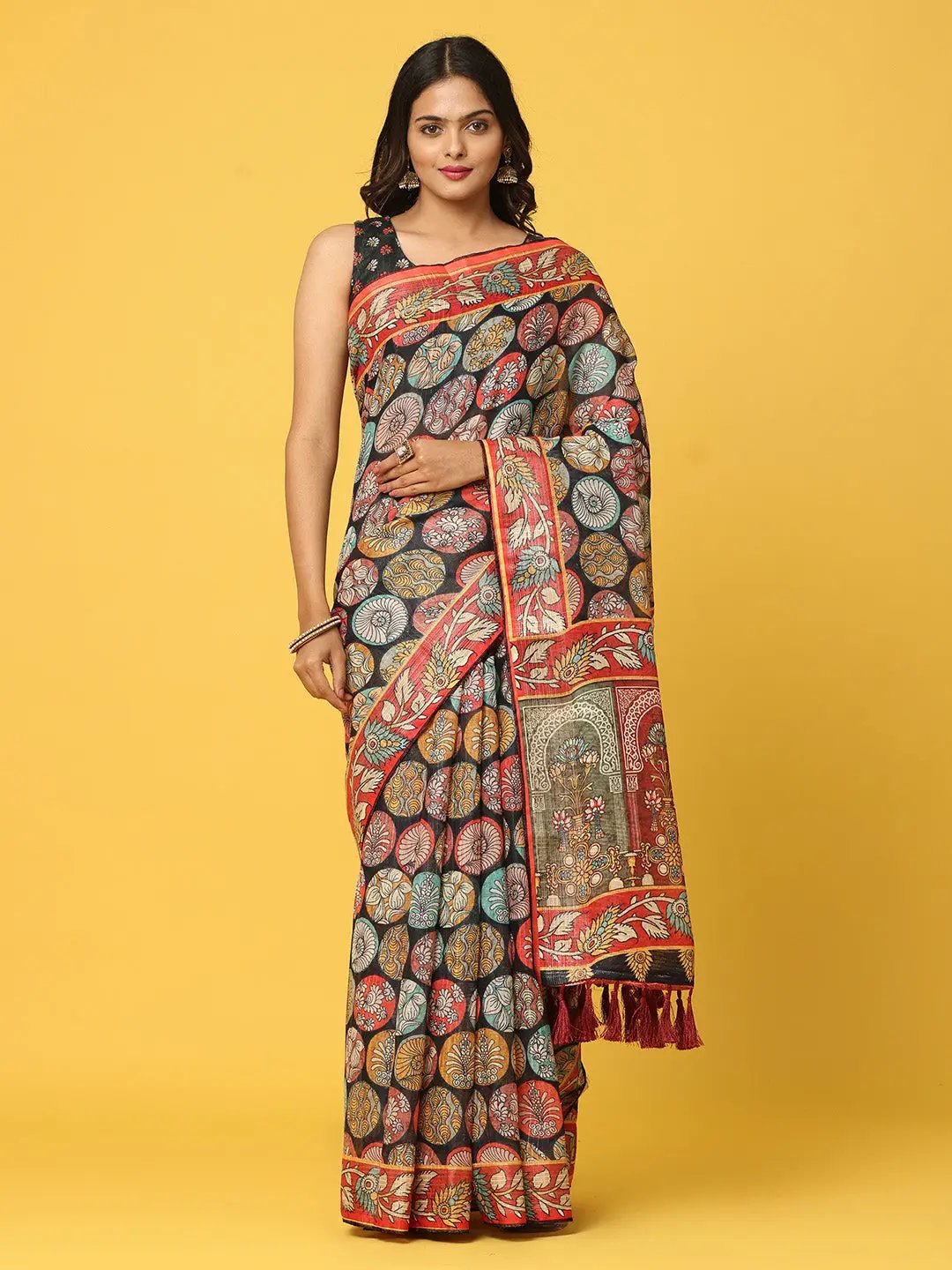 Soft Linen Kalamkari Block Print With Sequin Border
