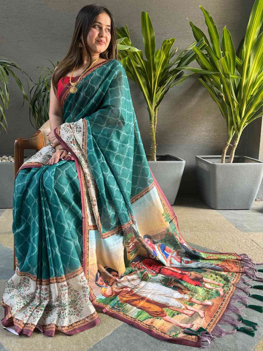Teal Colour Ikkat Print Saree With kalamkari Block Print Design