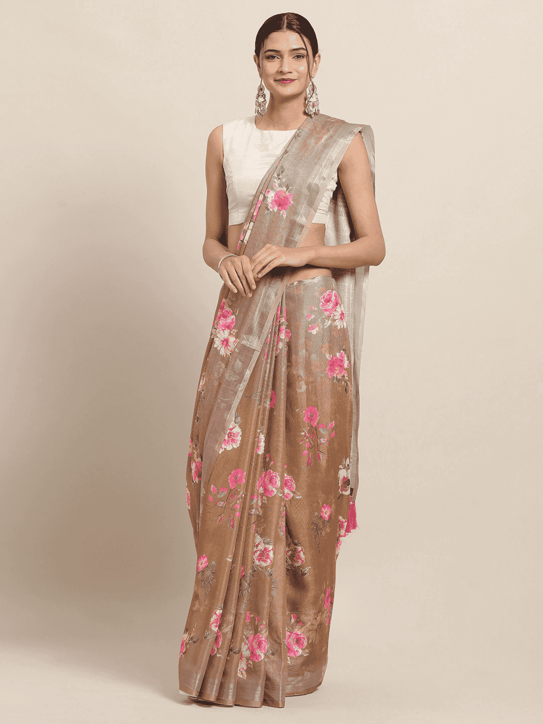 Beige Colour Soft Linen Flower Digital Print Festive Saree