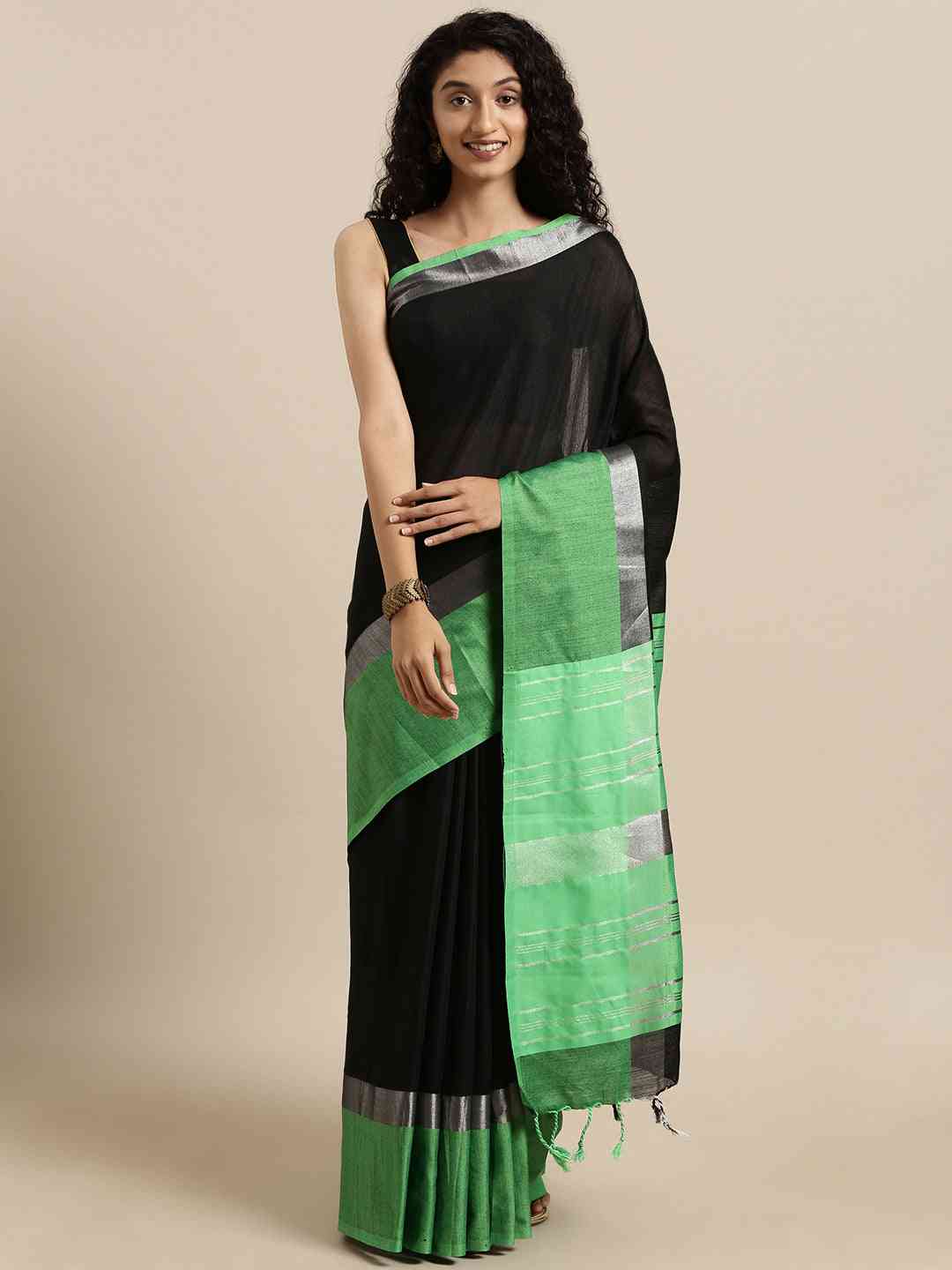 Elegant Black Colour Solid Linen Blend Saree With Zari Border