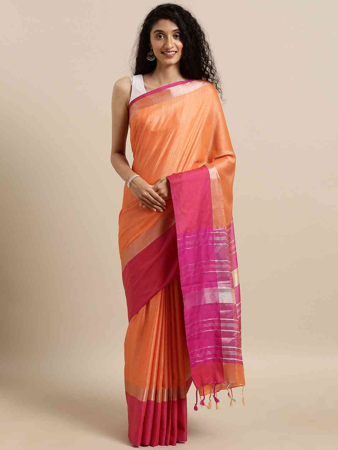 Elegant Orange Colour Solid Linen Blend Saree With Zari Border