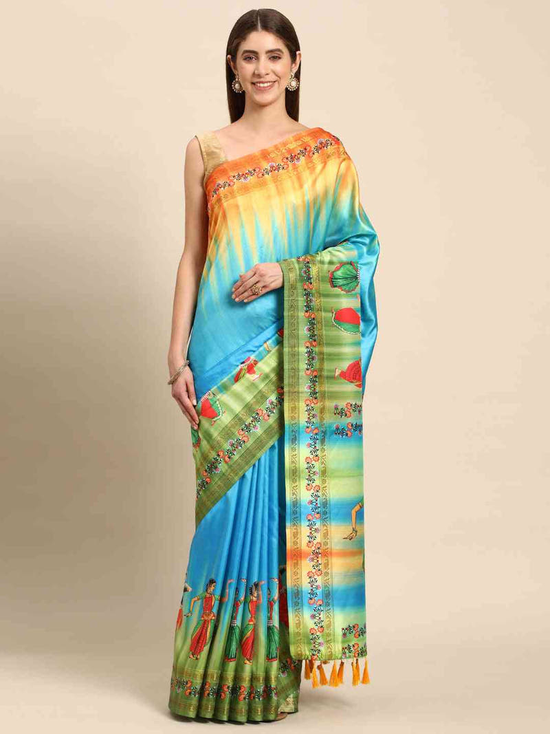 Stylish Kalamkari Silk With Block Print Saree
