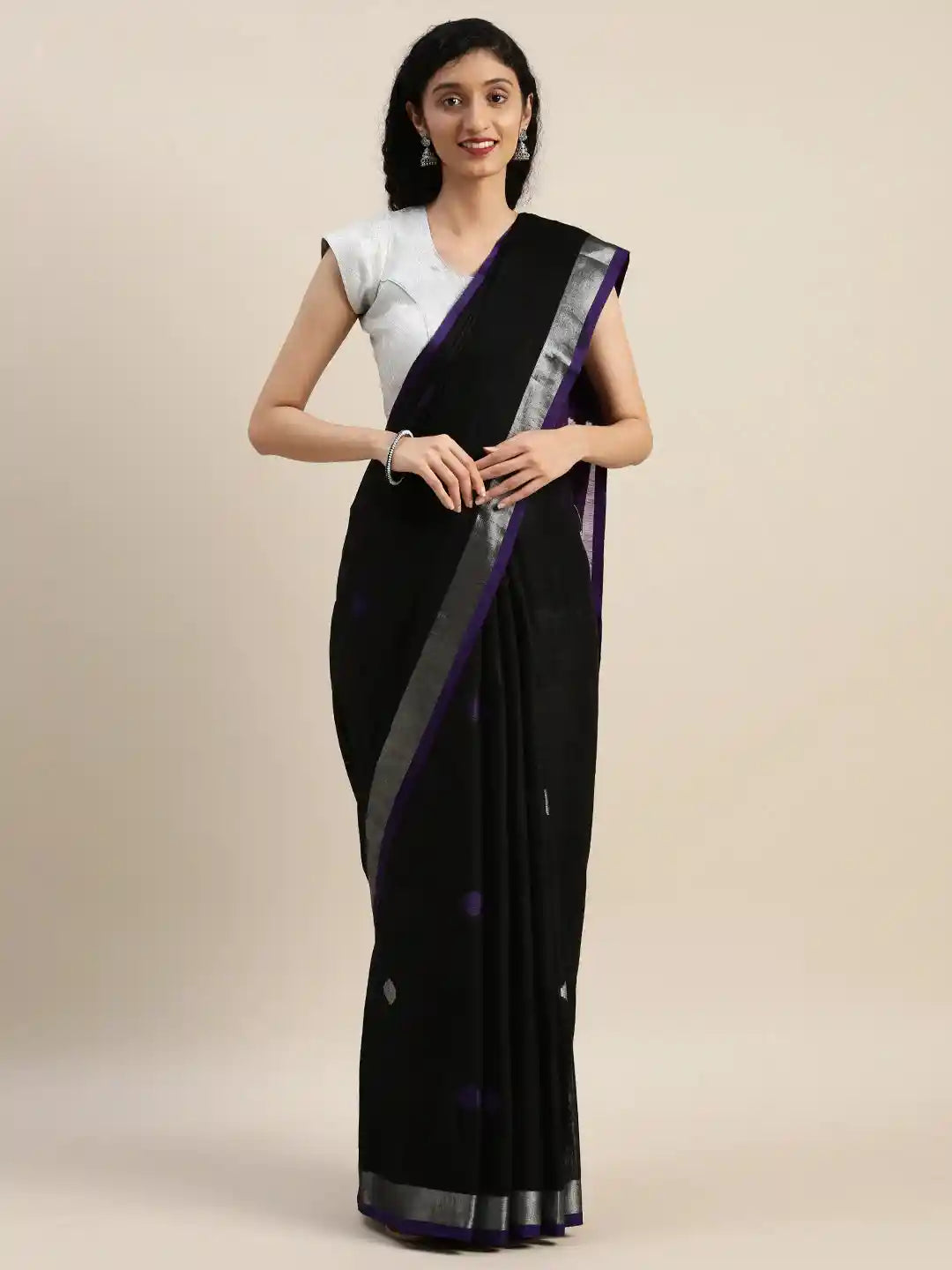 Linen Blend Purple Colour Saree With Polka Dots And Zari Border Work