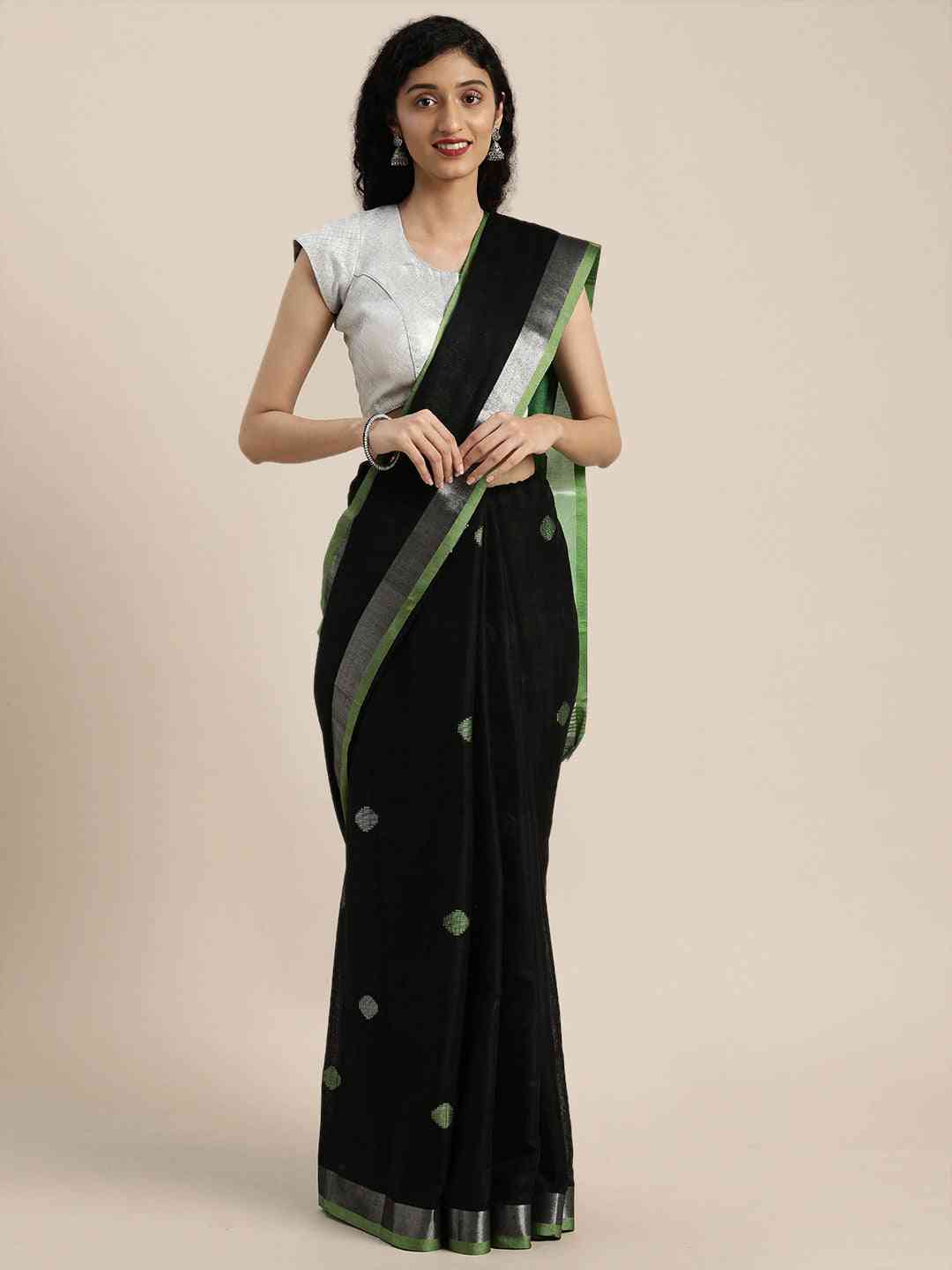 Linen Blend Light Green Saree With Polka Dots And Zari Border Work