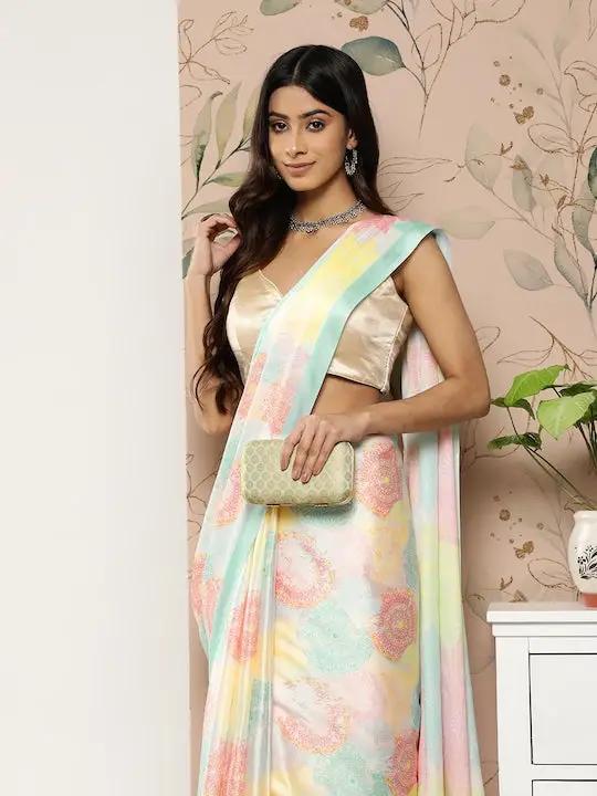 Soft Satin Georgette Pristel Colour Party Wear Saree