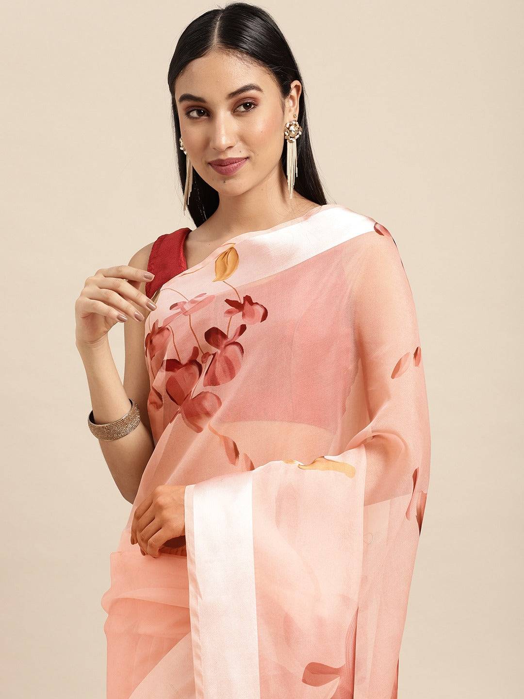 Pink Soft Organza Saree with Satin Border and Flower Digital Print