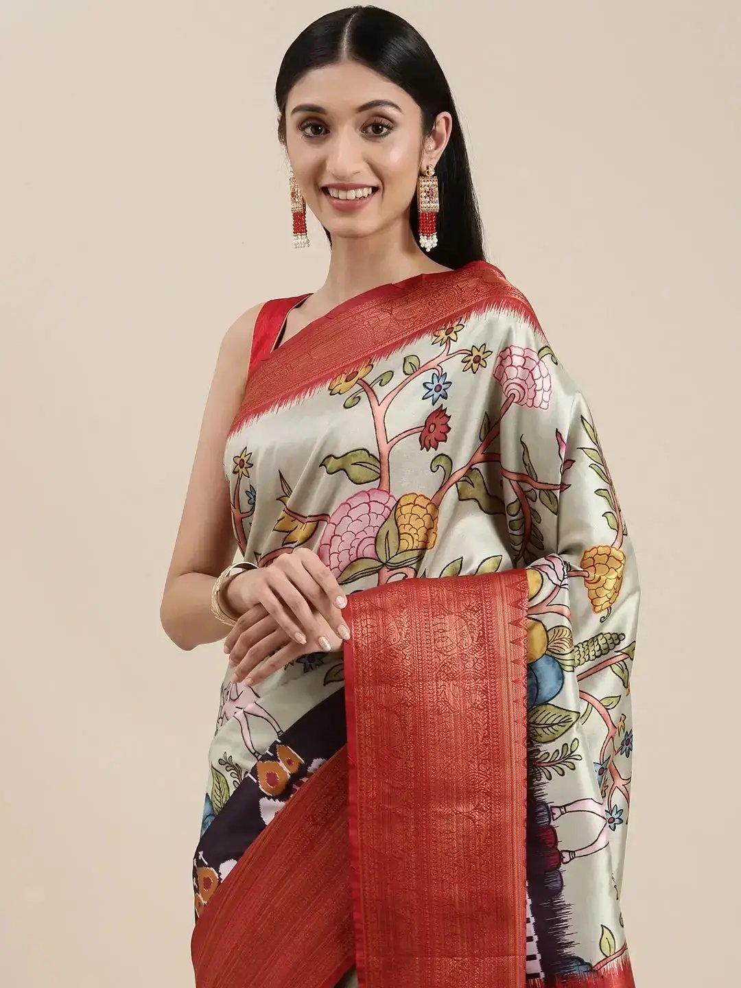Green Colour Kalamkari Print Kanjivaram Zari Silk Saree