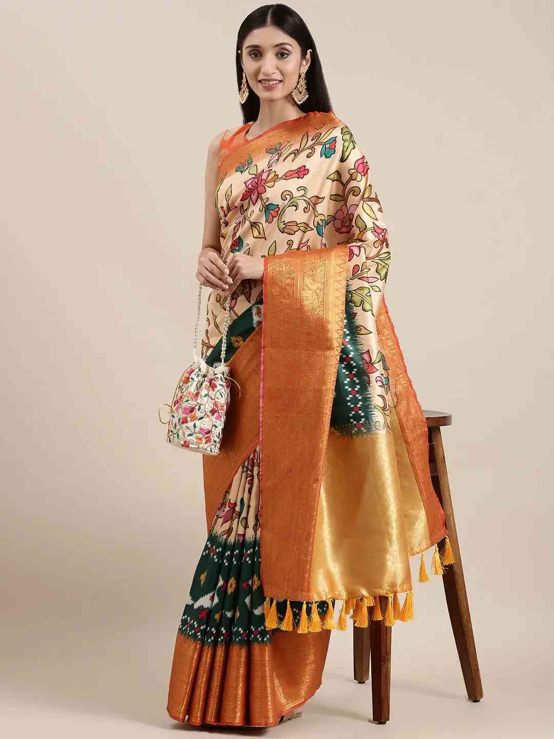 Cream Colour Kalamkari Print Kanjivaram Zari Silk Saree