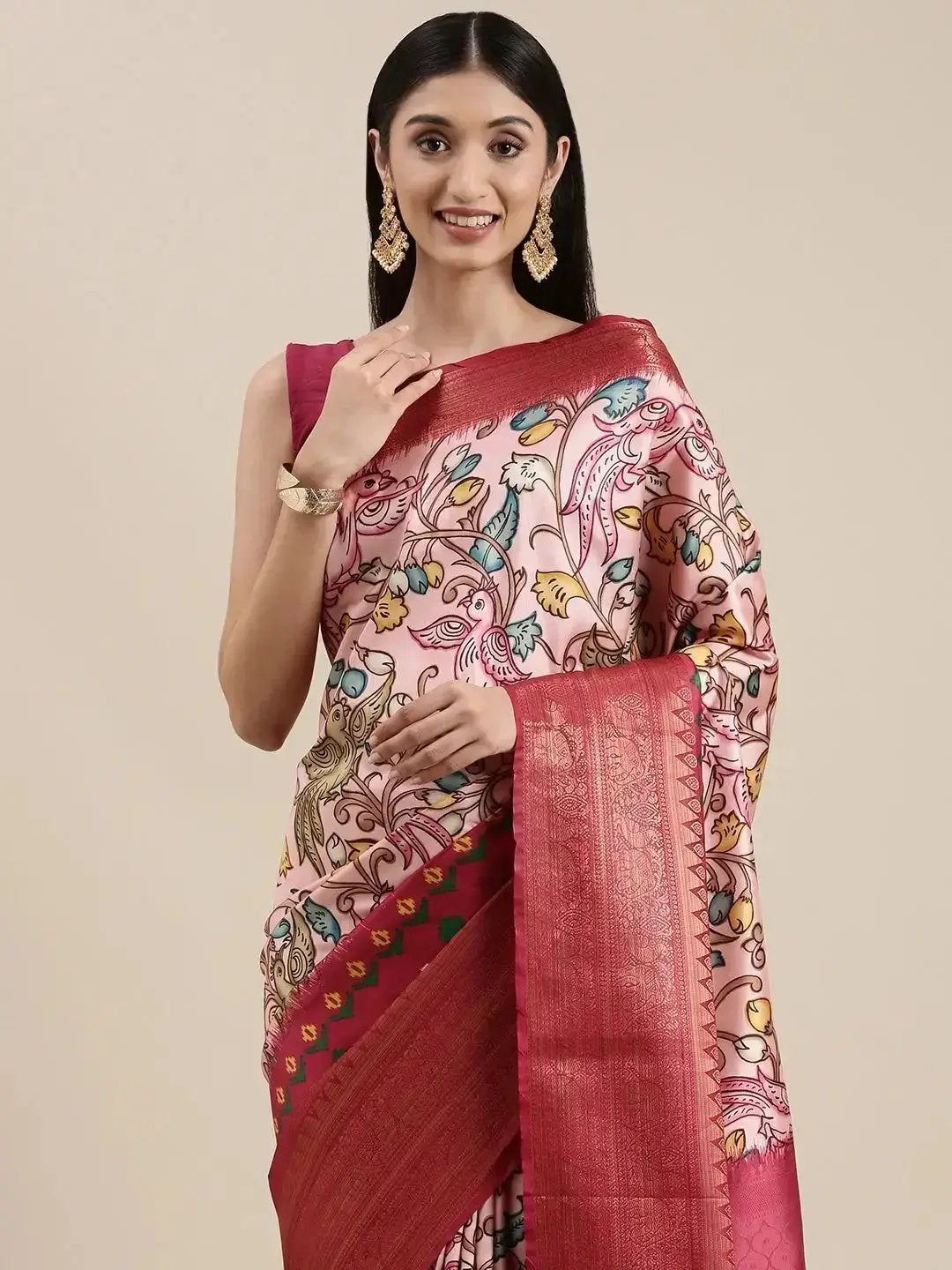 Pink Colour Kalamkari Print Kanjivaram Zari Silk Saree
