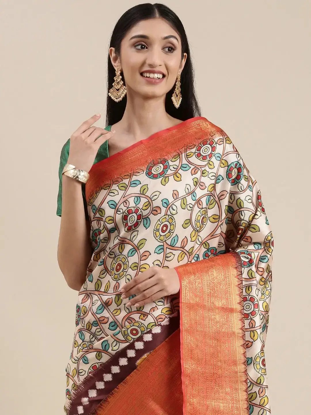 Orange Colour Kalamkari Print Kanjivaram Zari Silk Saree