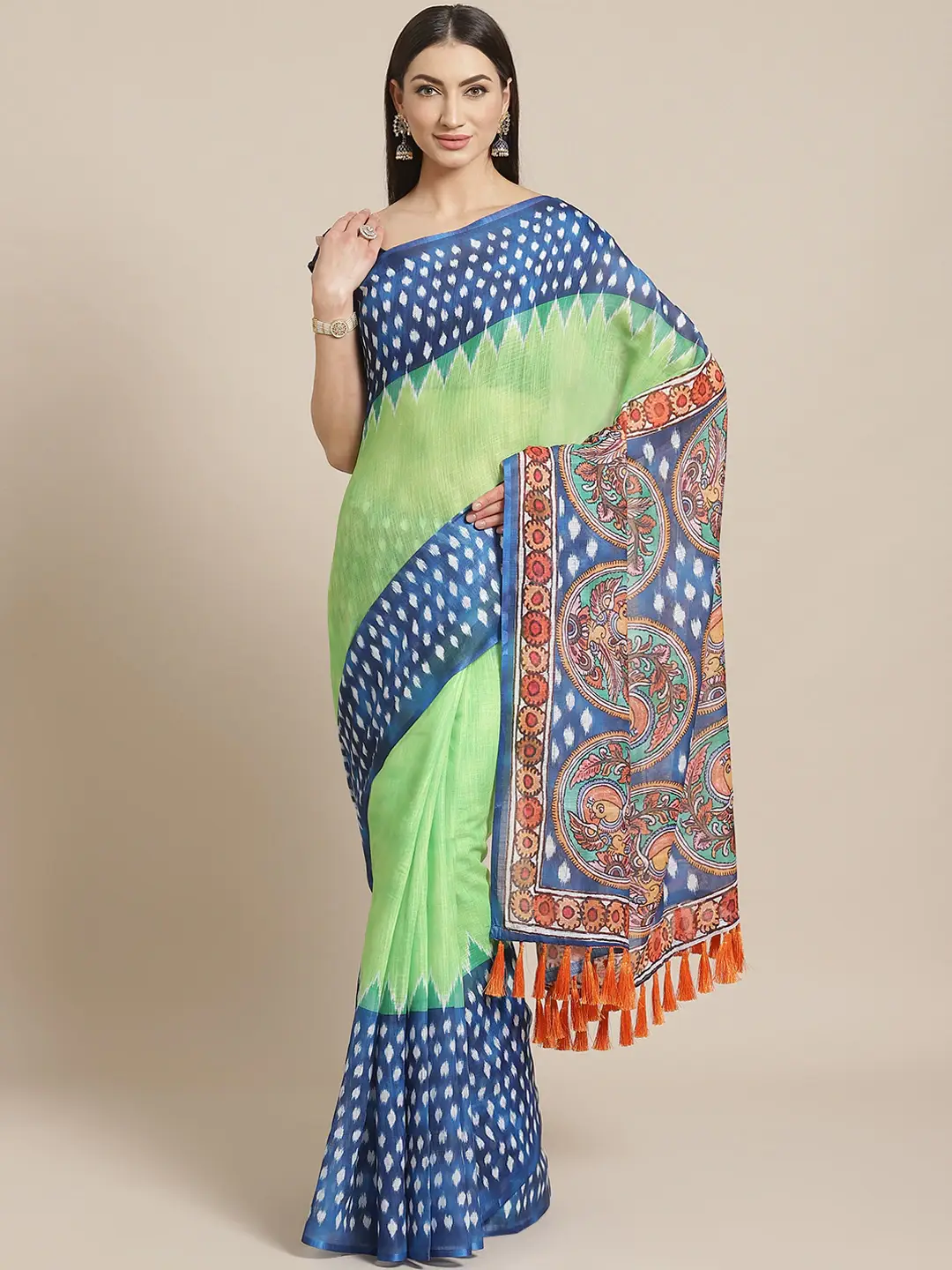 Lime Colour Soft Linen Ikkat Digital Print Saree With Kalamkari Pallu