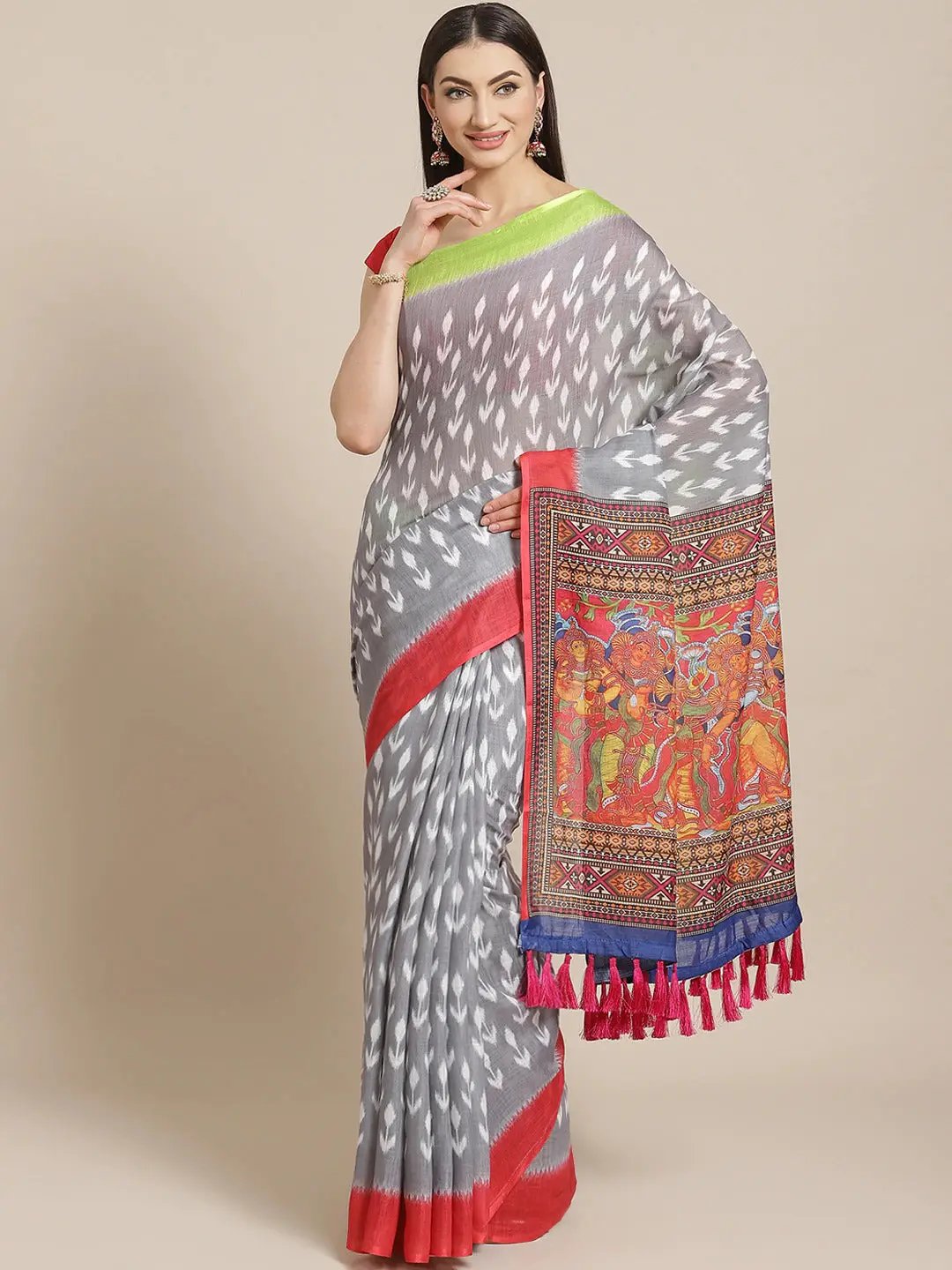Grey Colour Soft Linen Ikkat Digital Print Saree With Kalamkari Pallu