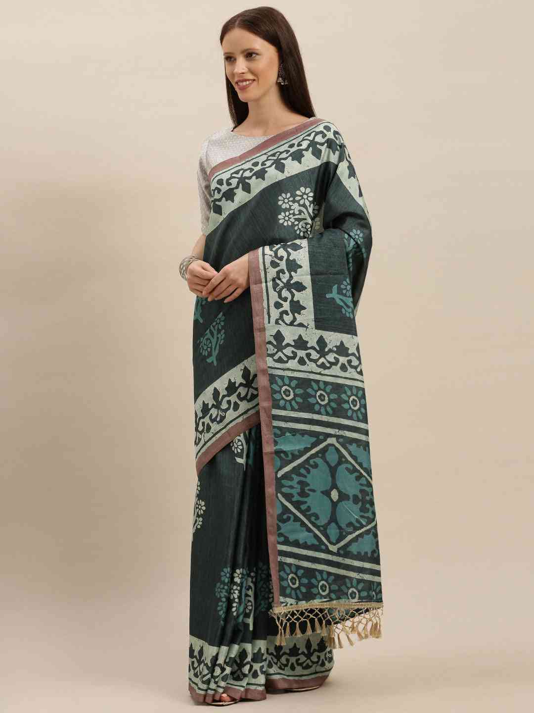 Grey & Blue Linen Blend Bagru Sare