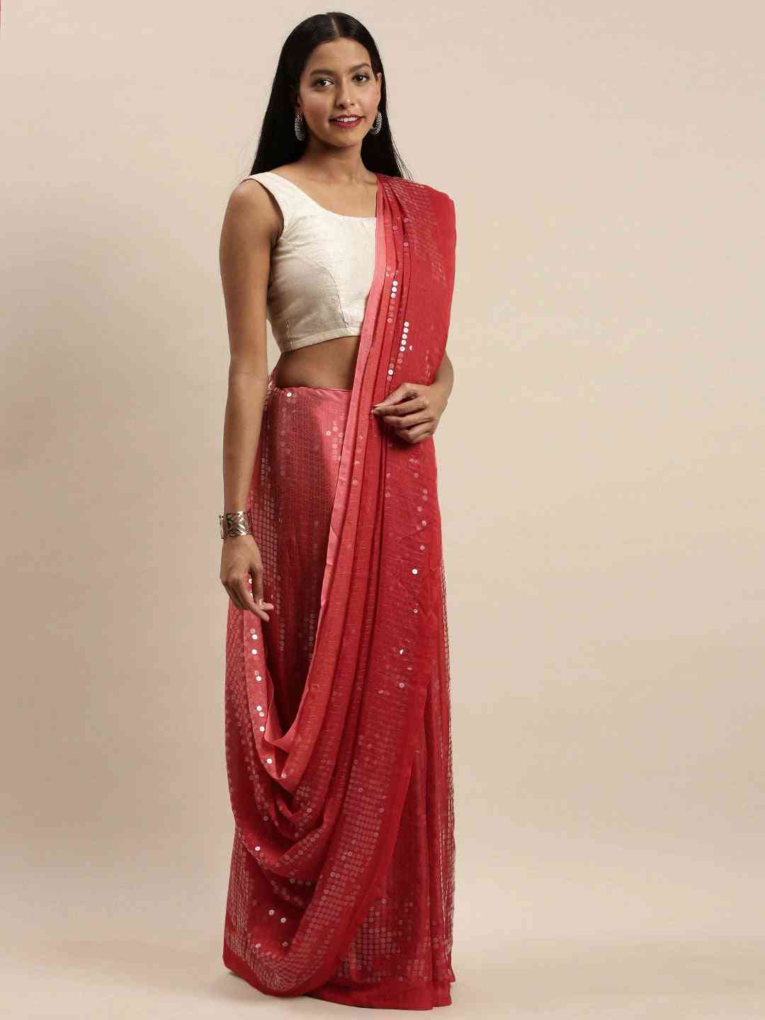 Design Ombre Red Colour Two Tone Sequence Saree