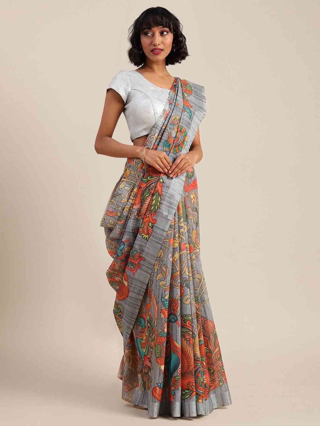 Grey Colour Kalamkari Linen Print Saree With Resham Tassel