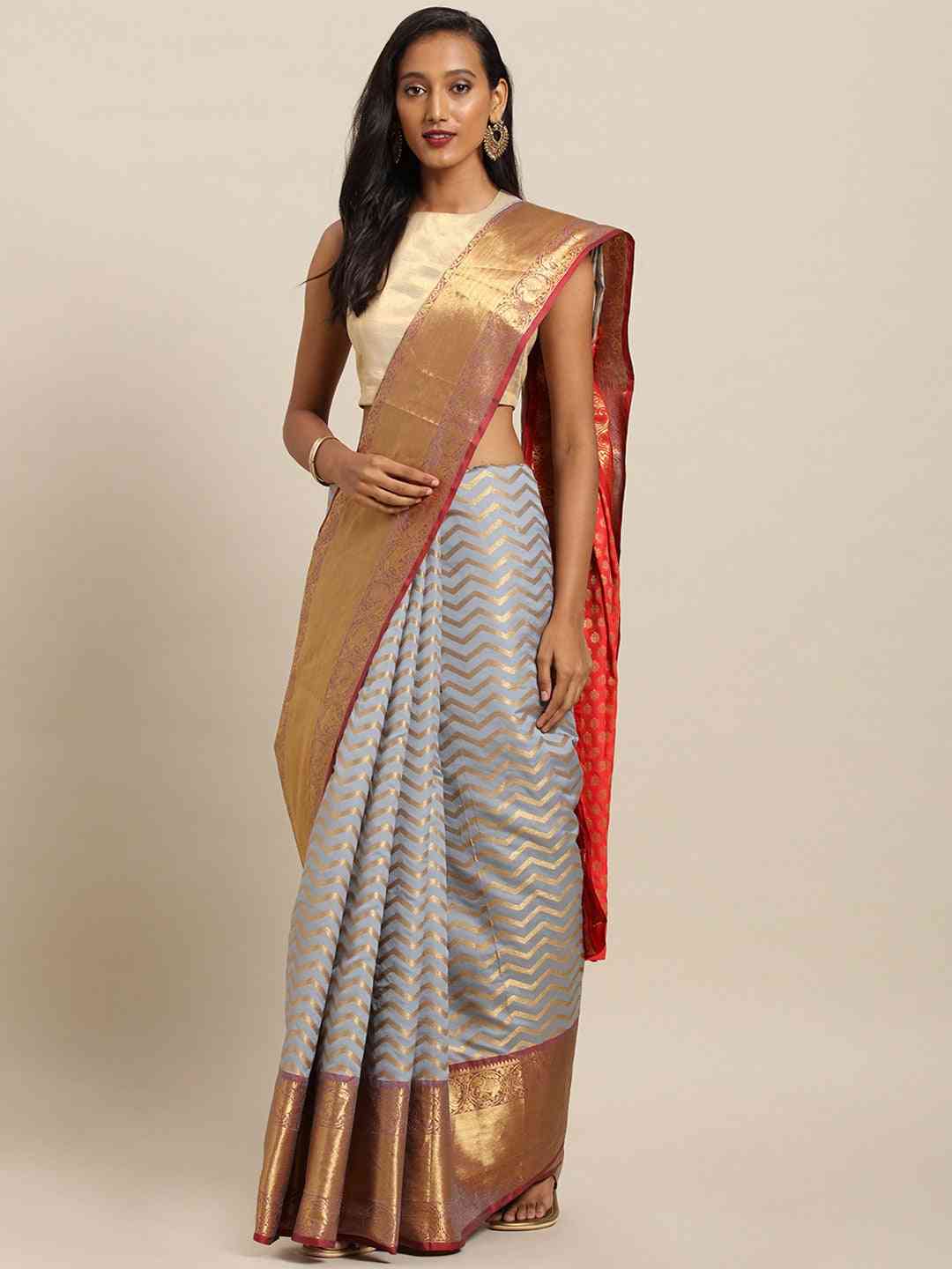Pure Kanjivaram Silk Grey Colour Geometric Print Saree