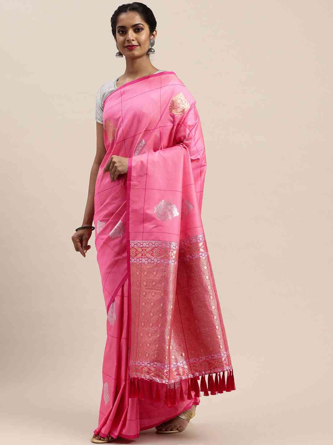 Banarasi Pink Colour Woven Design With Zari Silk Saree