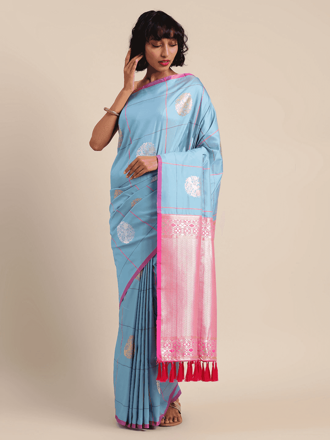 Digital Sky Blue Colour Silk Blend Checked Banarasi Saree