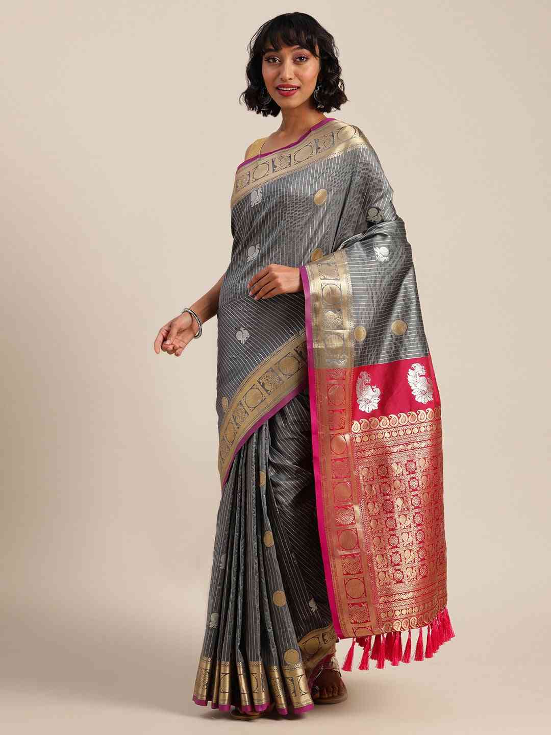 Beautiful Zari Woven Grey Colour Silk Banarasi Saree
