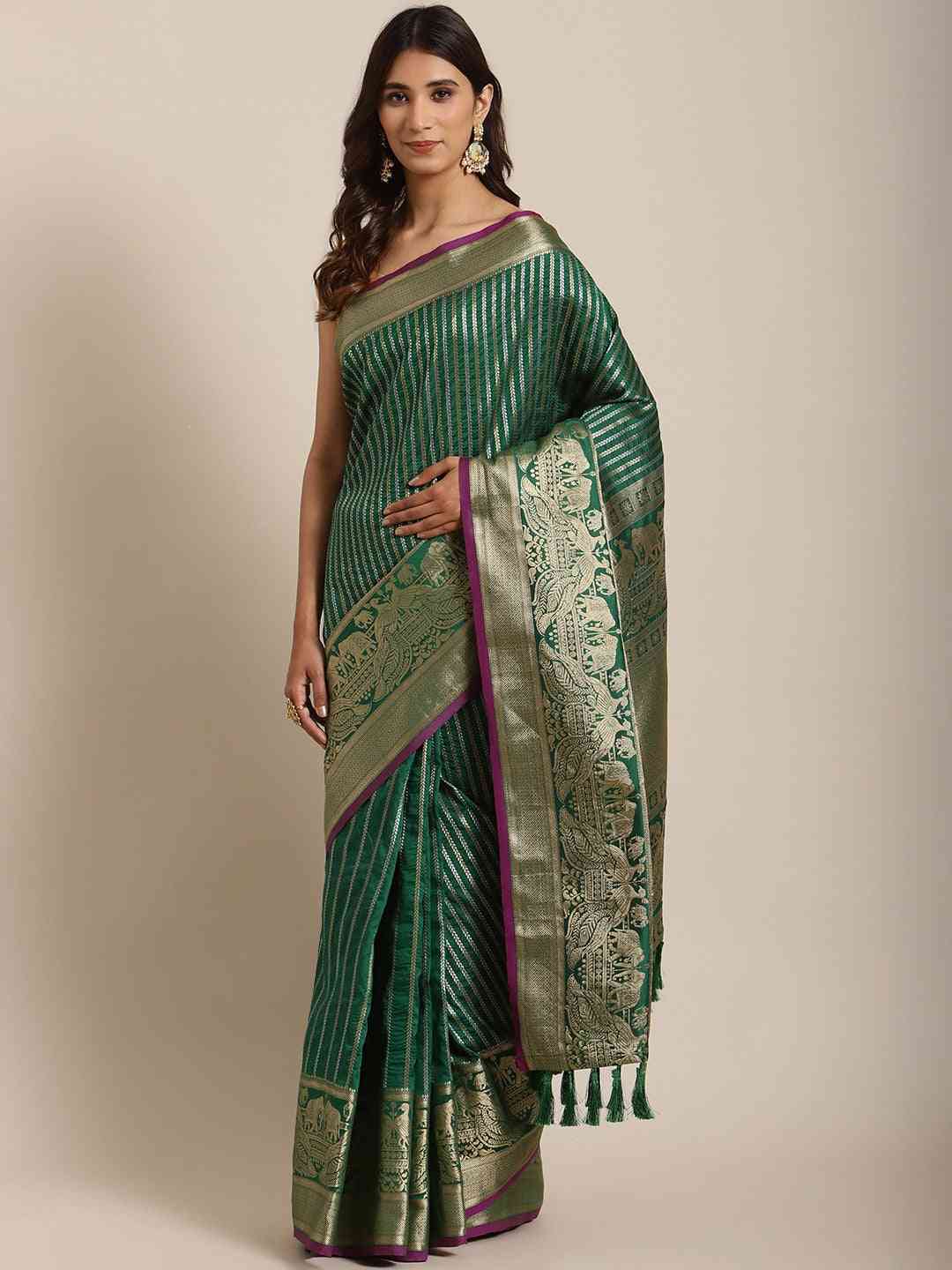 Banarasi Striped Bottle Green Colour Silk Blend Saree