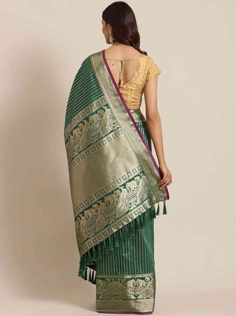 Banarasi Striped Bottle Green Colour Silk Blend Saree