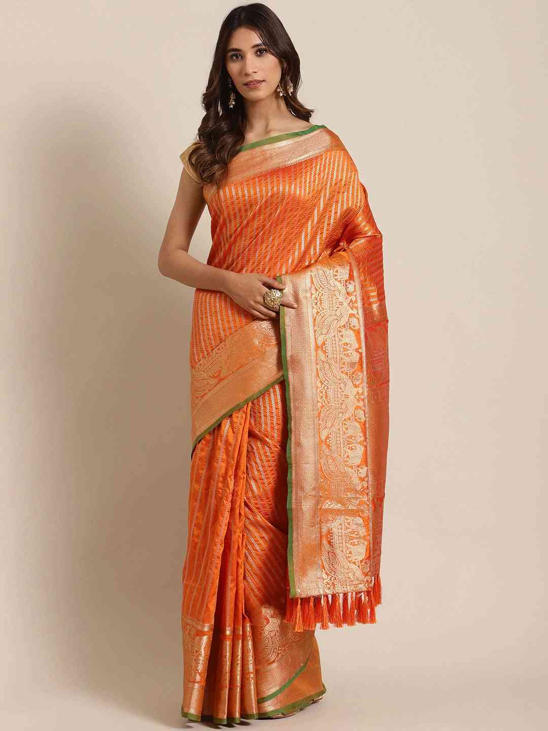 Banarasi Striped Orange Colour Silk Blend Saree