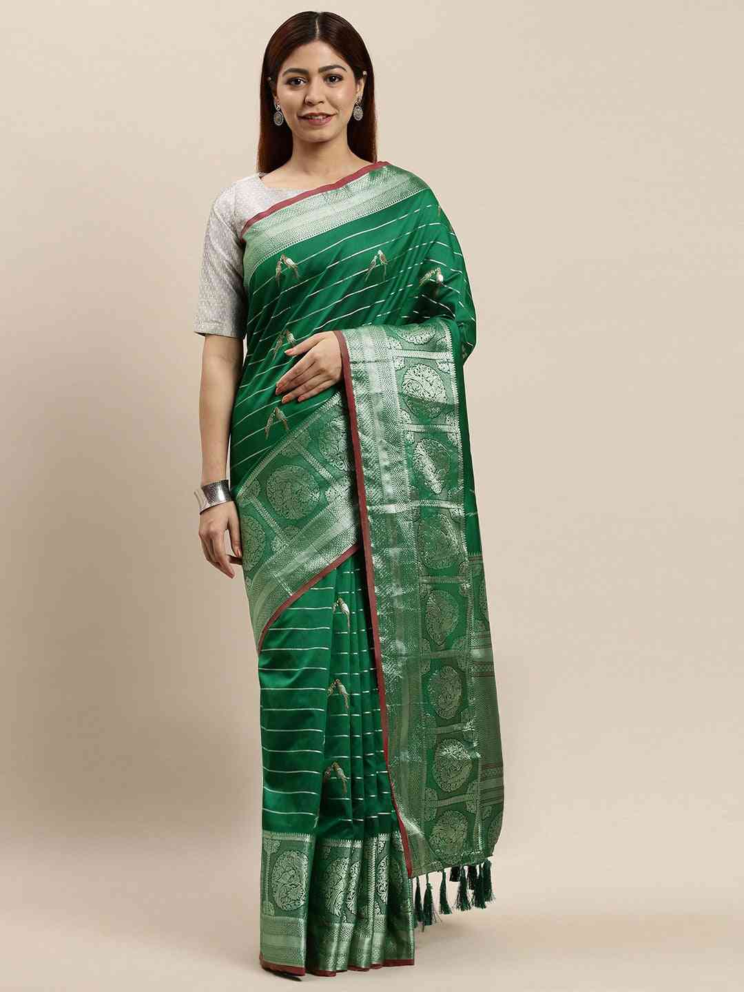 Banarasi Striped Dark Green Colour Silk Blend Saree