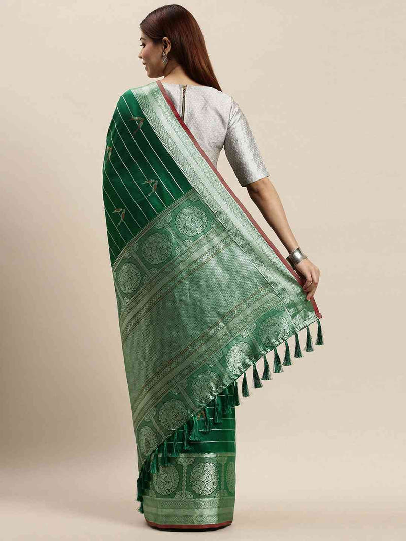 Banarasi Striped Dark Green Colour Silk Blend Saree