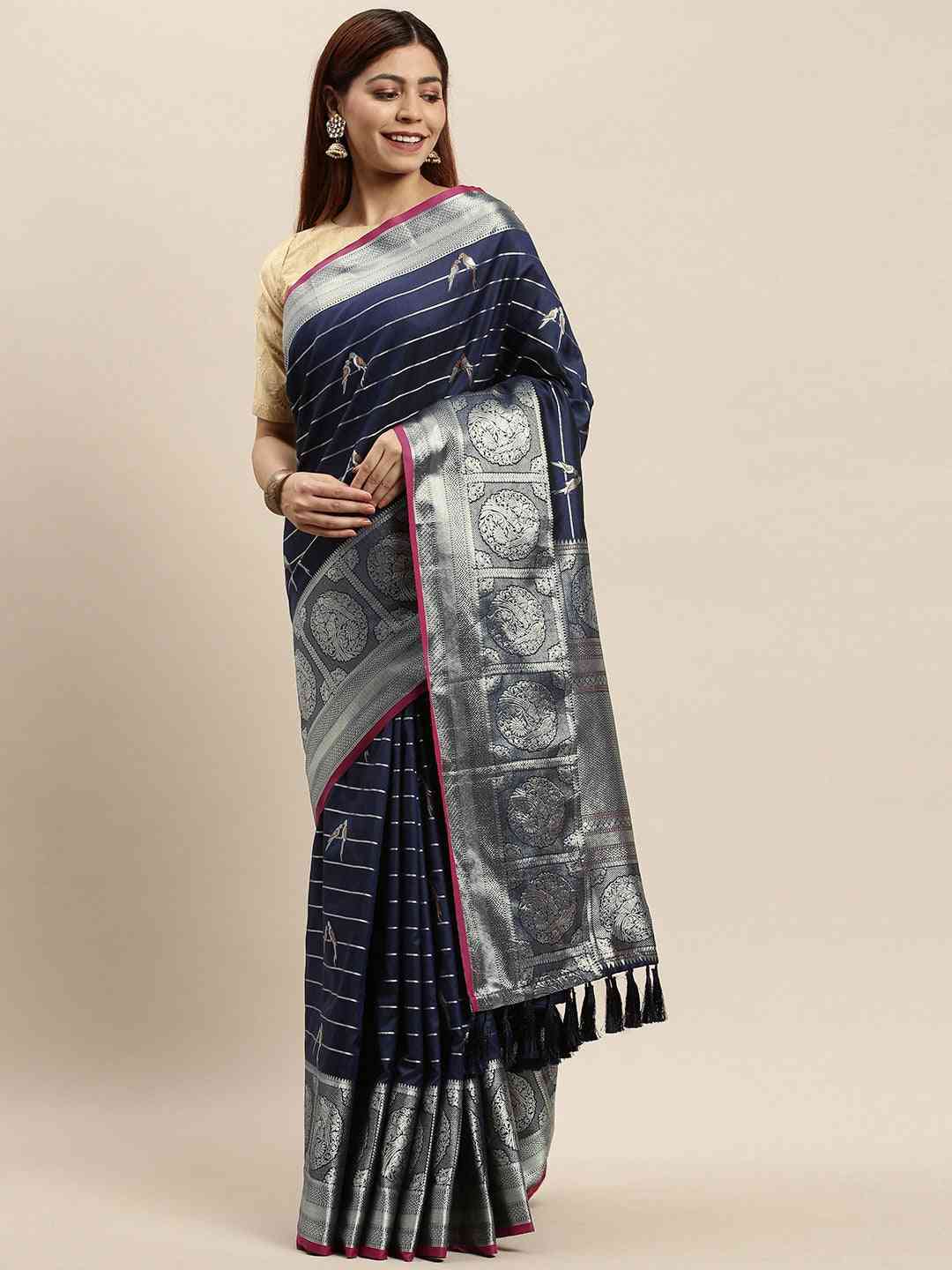 Banarasi Striped Navy Colour Silk Blend Saree