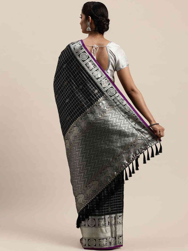 Stylish Black Colour Checked Banarasi Saree