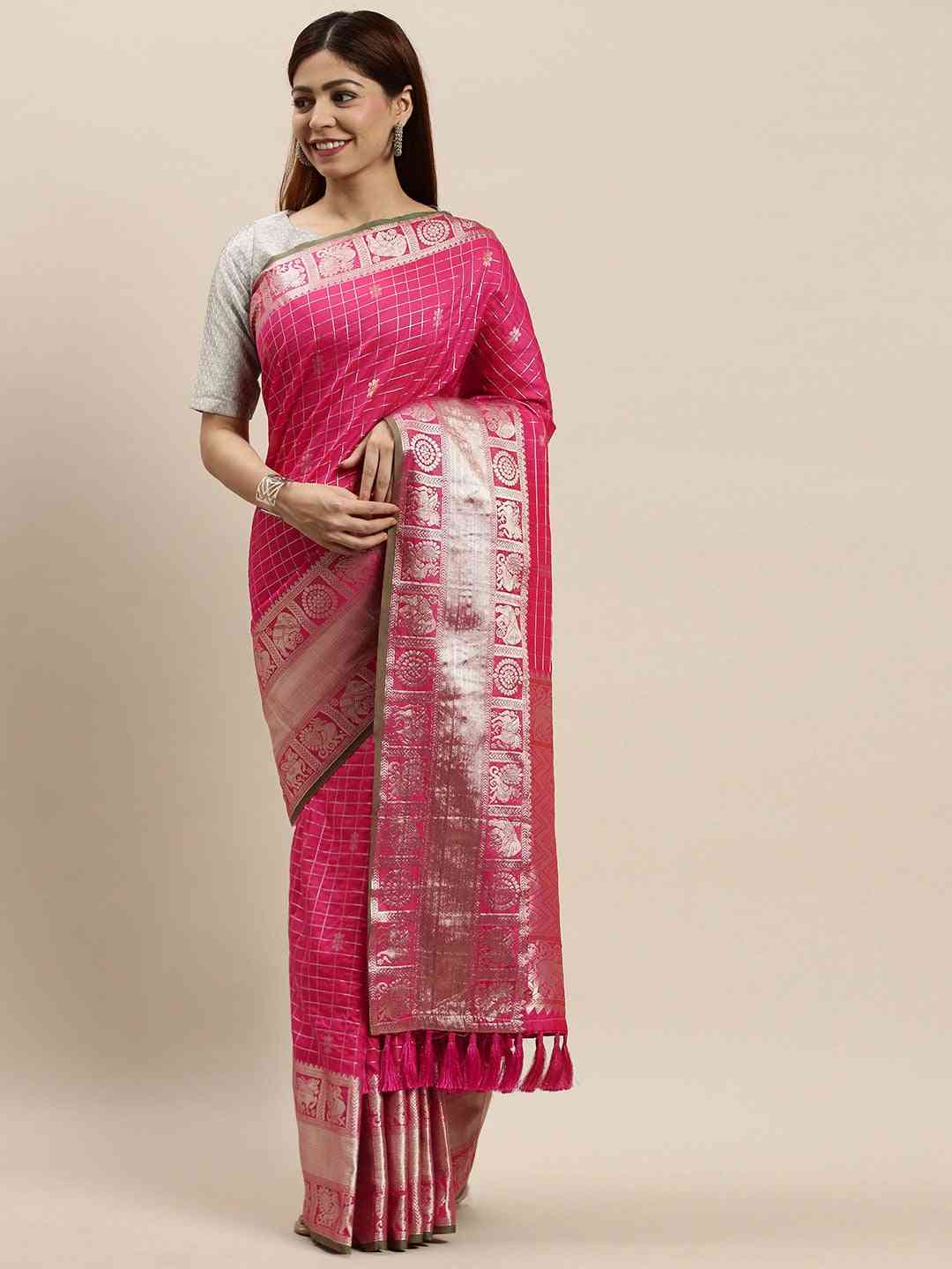 Stylish Rani Colour Checked Banarasi Saree