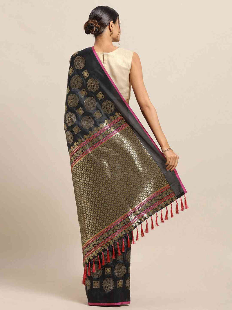 Traditional Black Colour Ethnic Motifs And Zari Silk Banarasi Saree