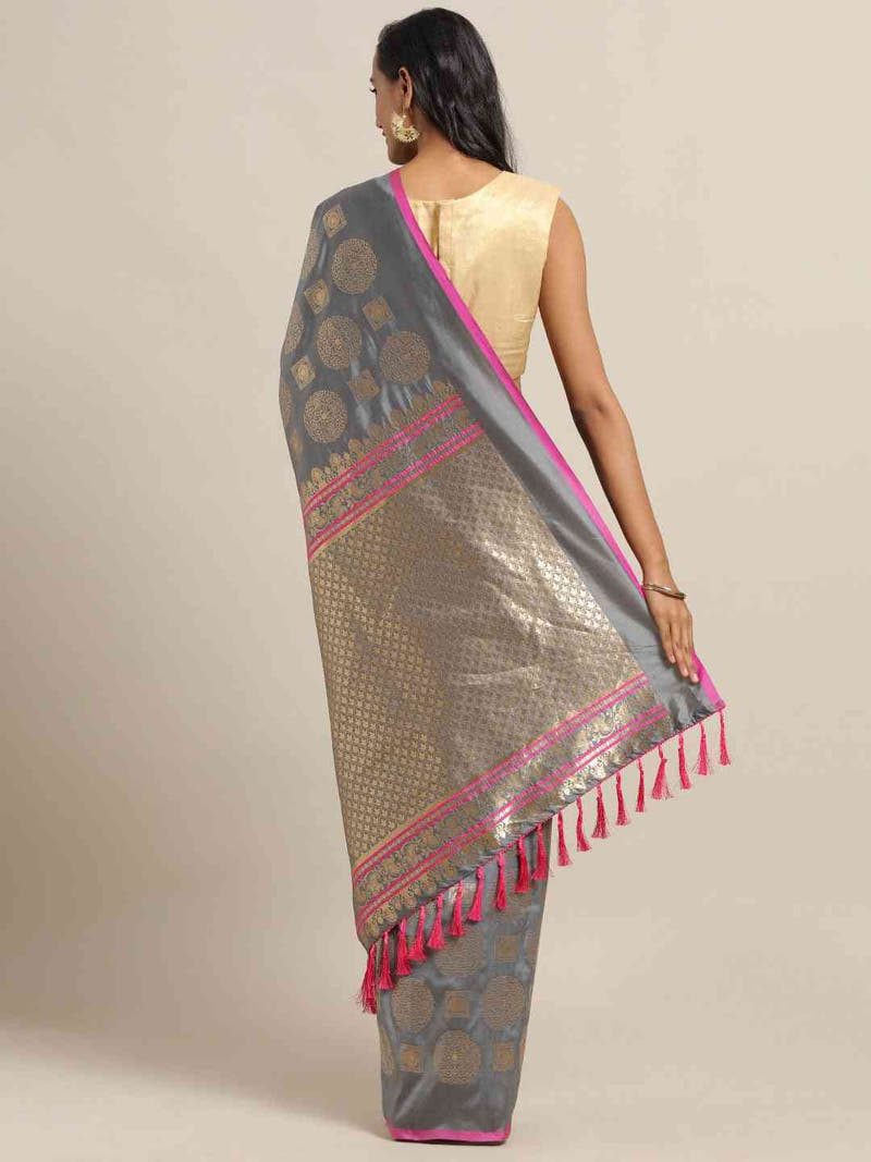 Traditional Grey Colour Ethnic Motifs And Zari Silk Banarasi Saree