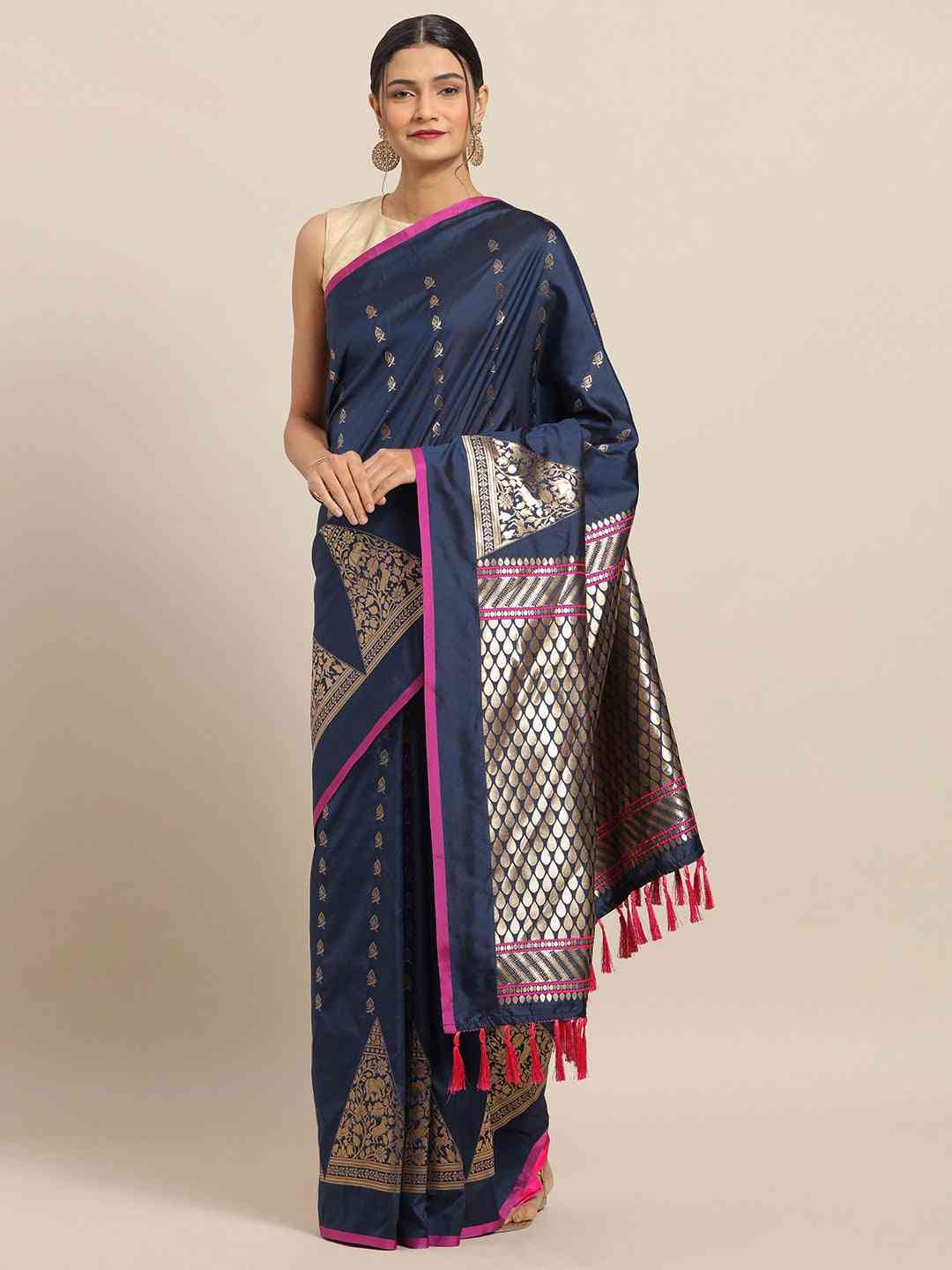 Traditional Teal Colour Ethnic Motifs And Zari Silk Banarasi Saree