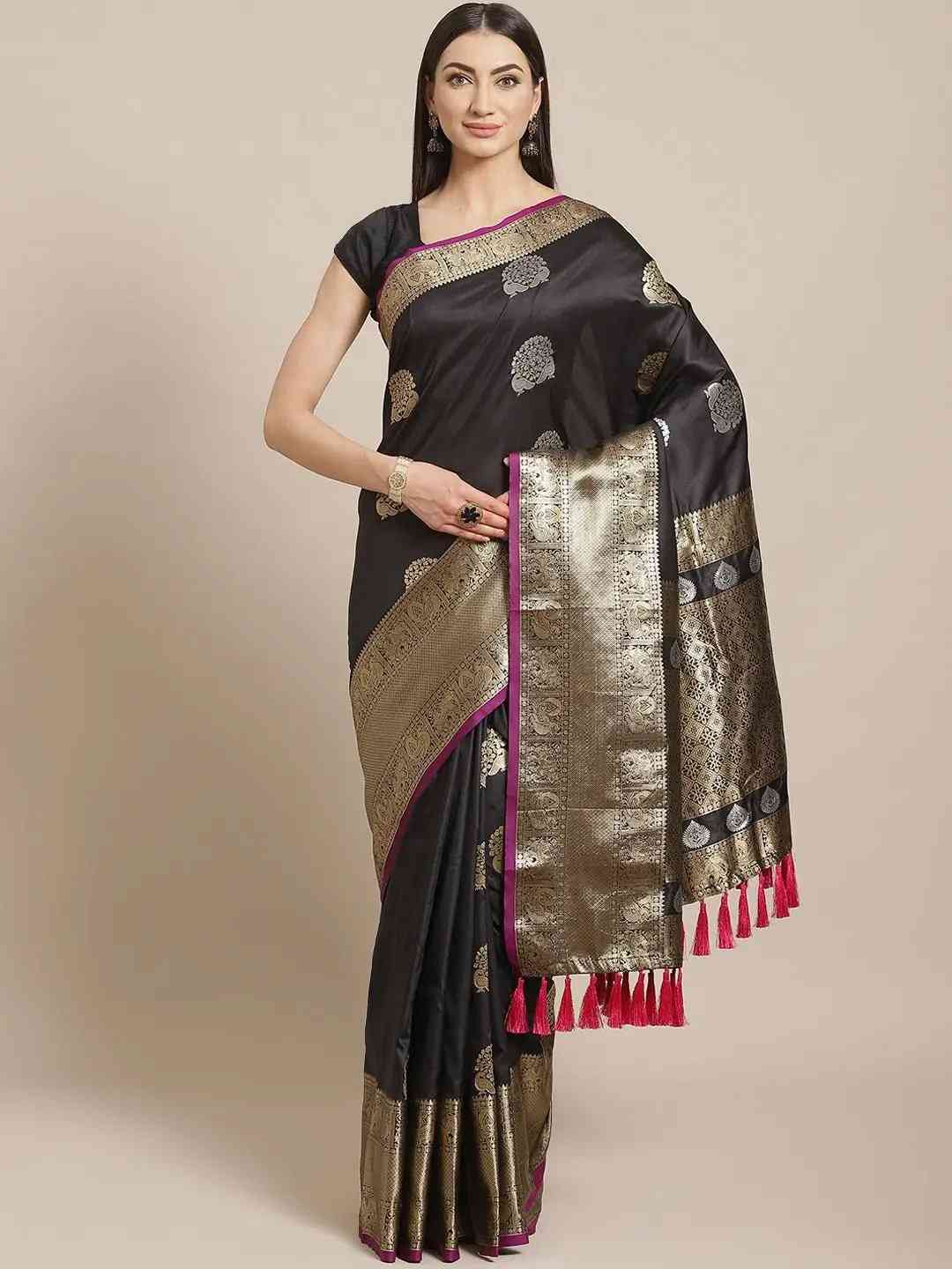 Black Colour Kanjivaram Soft Silk Kanchi Zari Weaving Saree