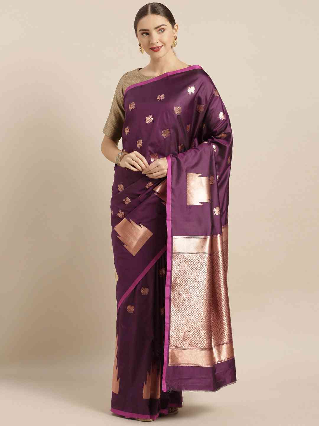 Beautiful Geometric Print Wine Colour Zari Silk Banarasi Saree