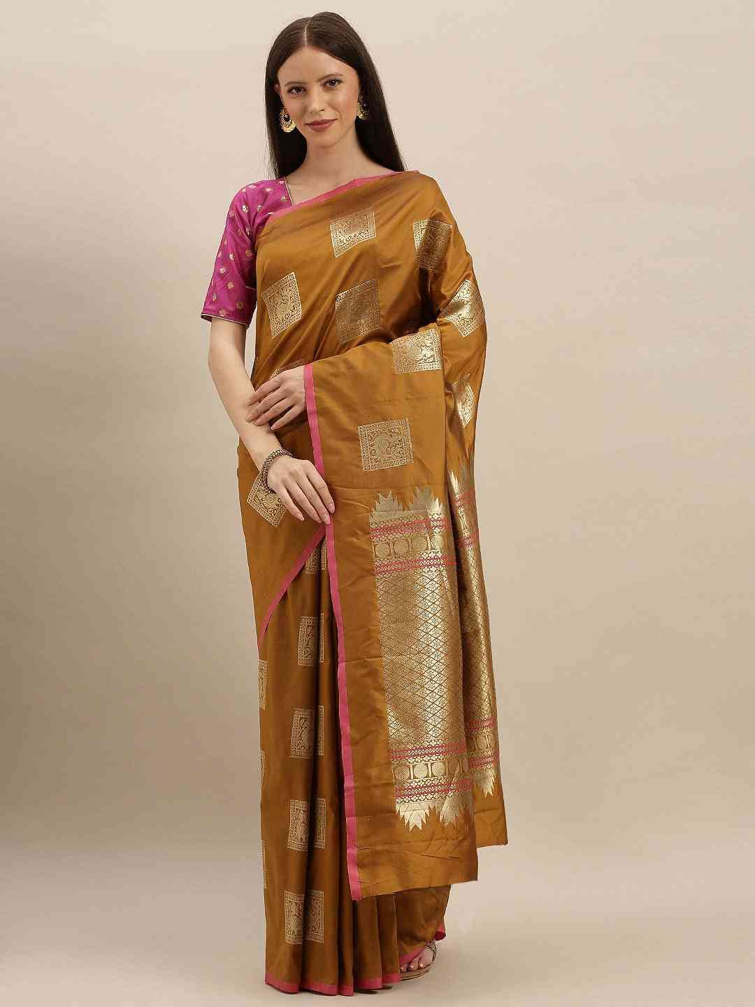 Kanjivaram Mustard Colour Silk Blend Woven Design Saree