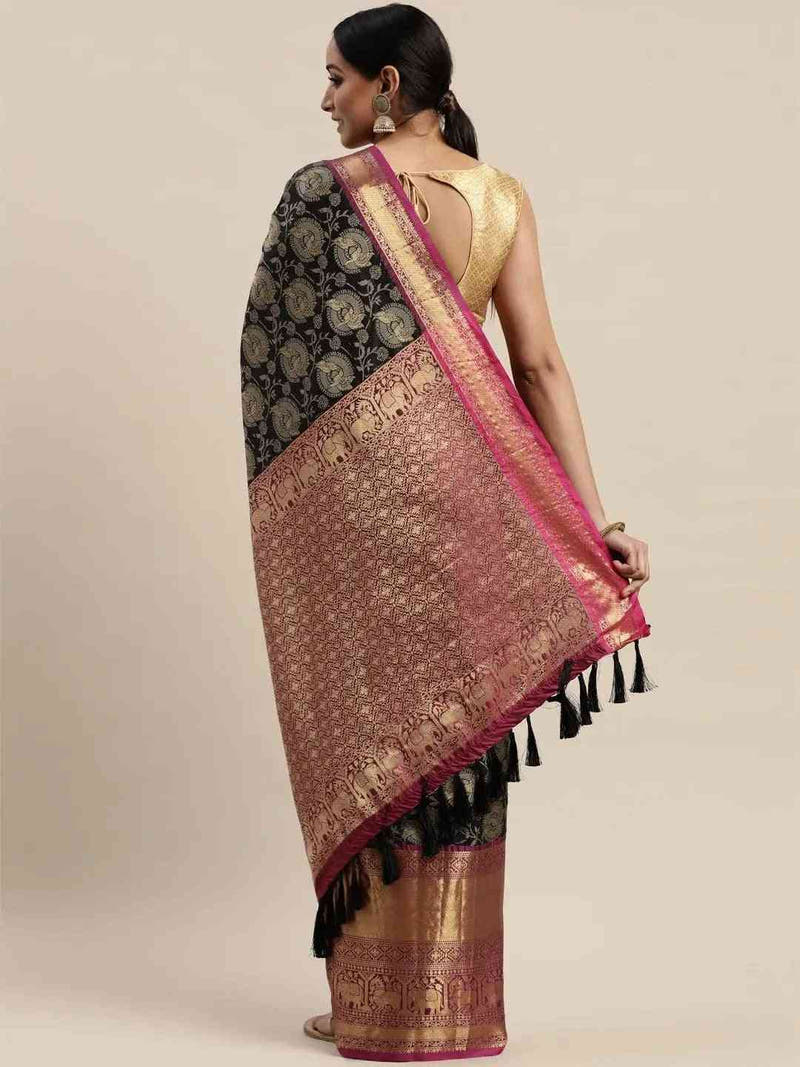 Soft Silk Black Colour Kanjivaaram Zari & Butta Weaving Saree