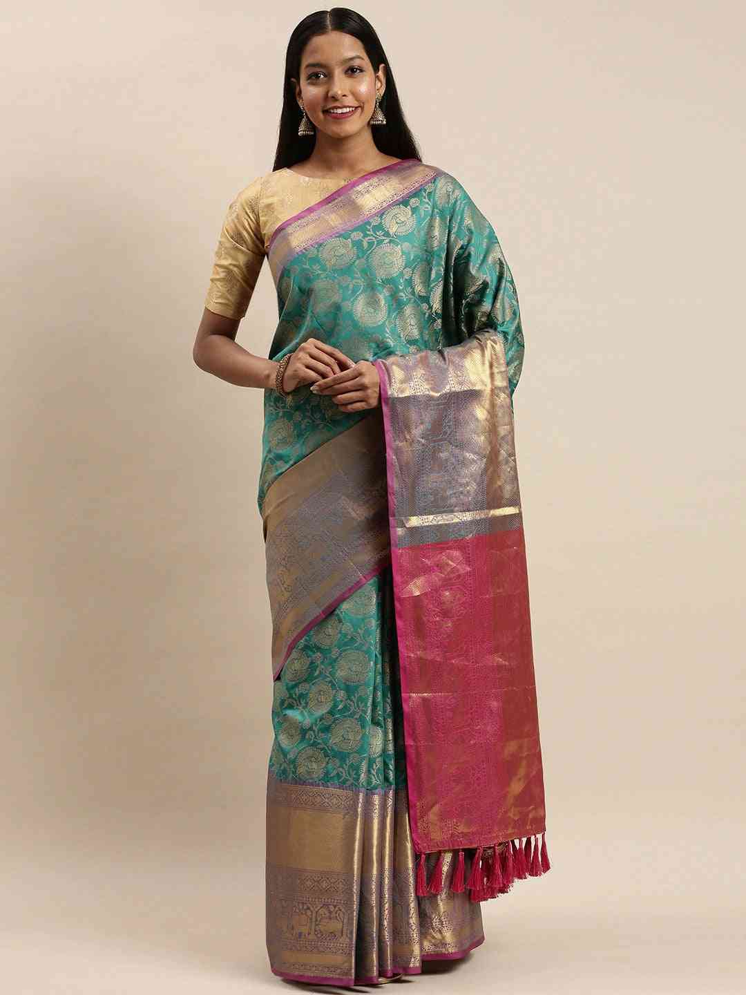Soft Silk Rama Colour Kanjivaaram Zari & Butta Weaving Saree