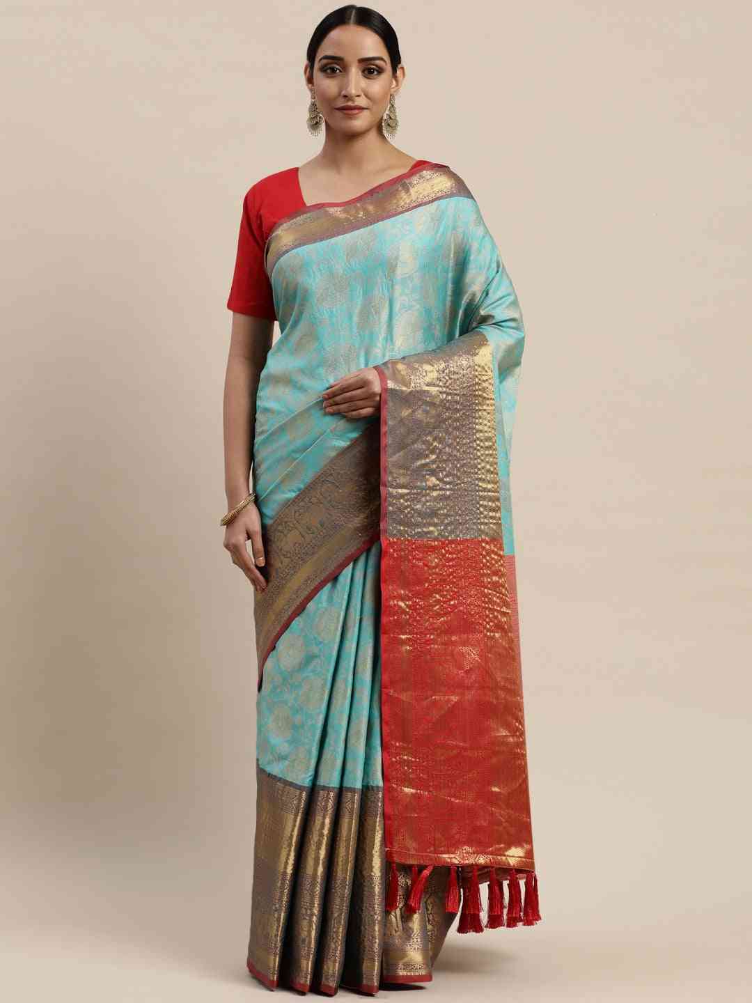 Soft Silk Sky Blue Colour Kanjivaaram Zari & Butta Weaving Saree