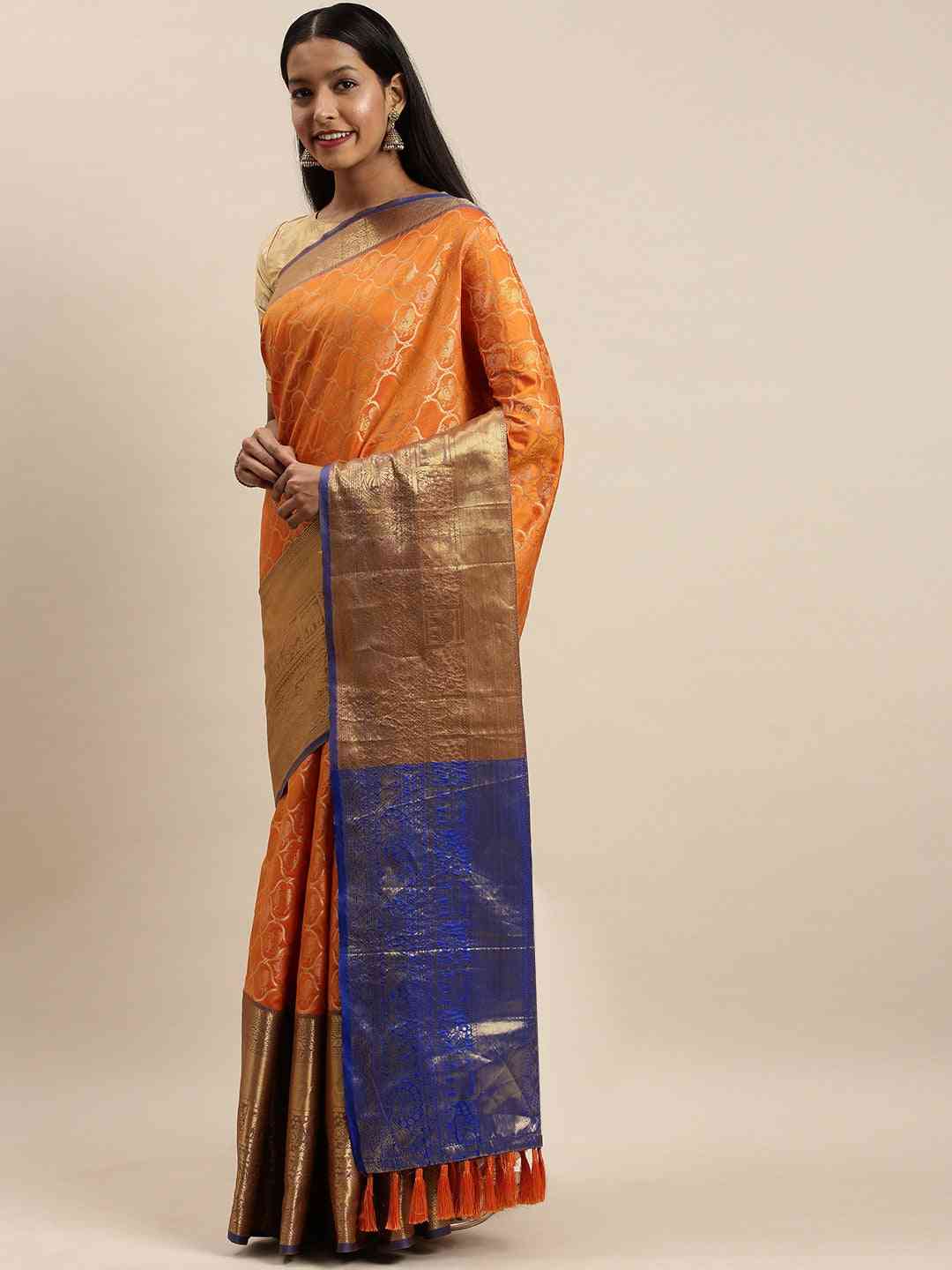 Soft Silk Orange Colour Kanjivaaram Traditional Wear Saree