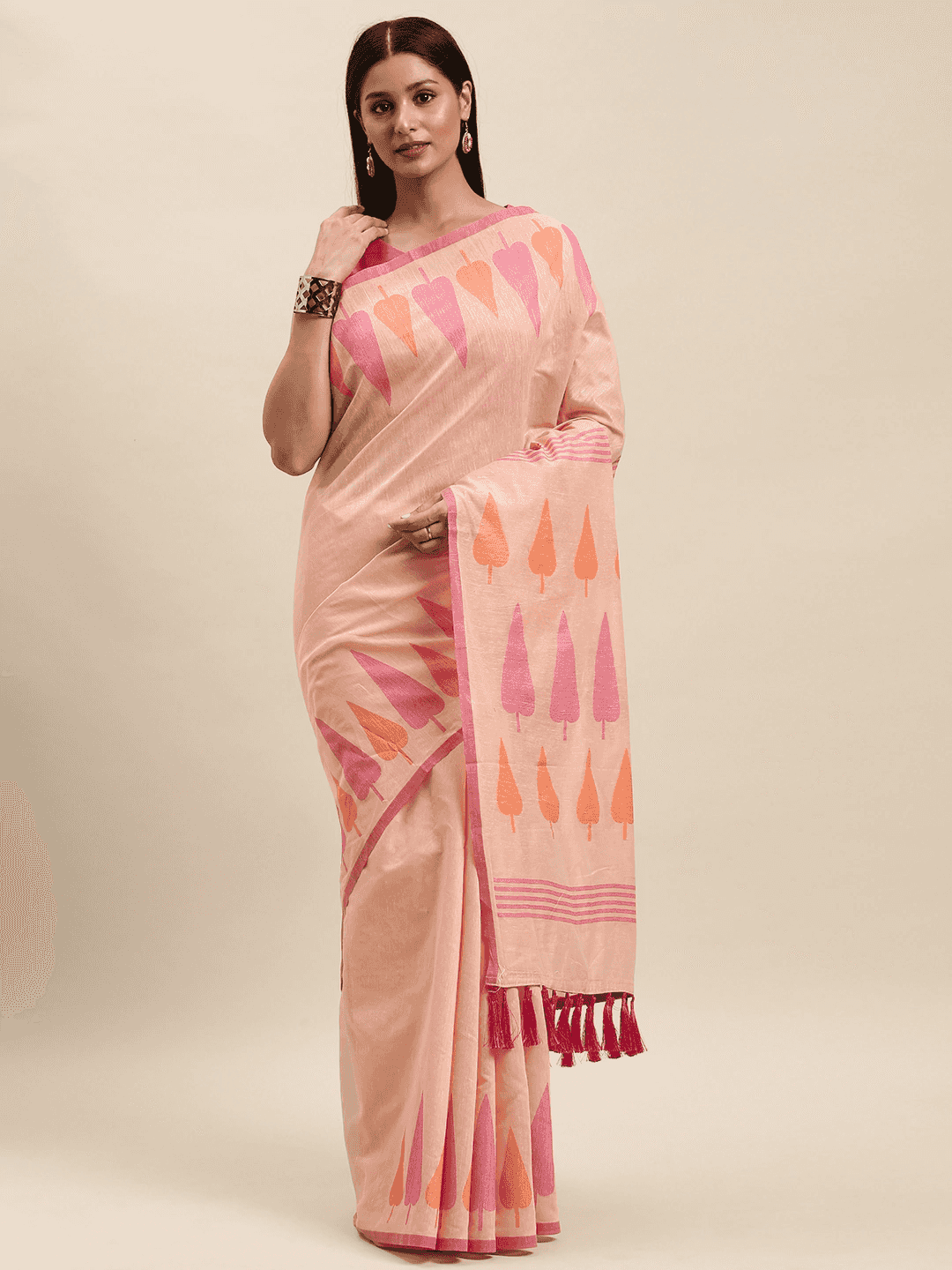 Peach Colour Cotton Silk Resham Minakari Weaving Saree