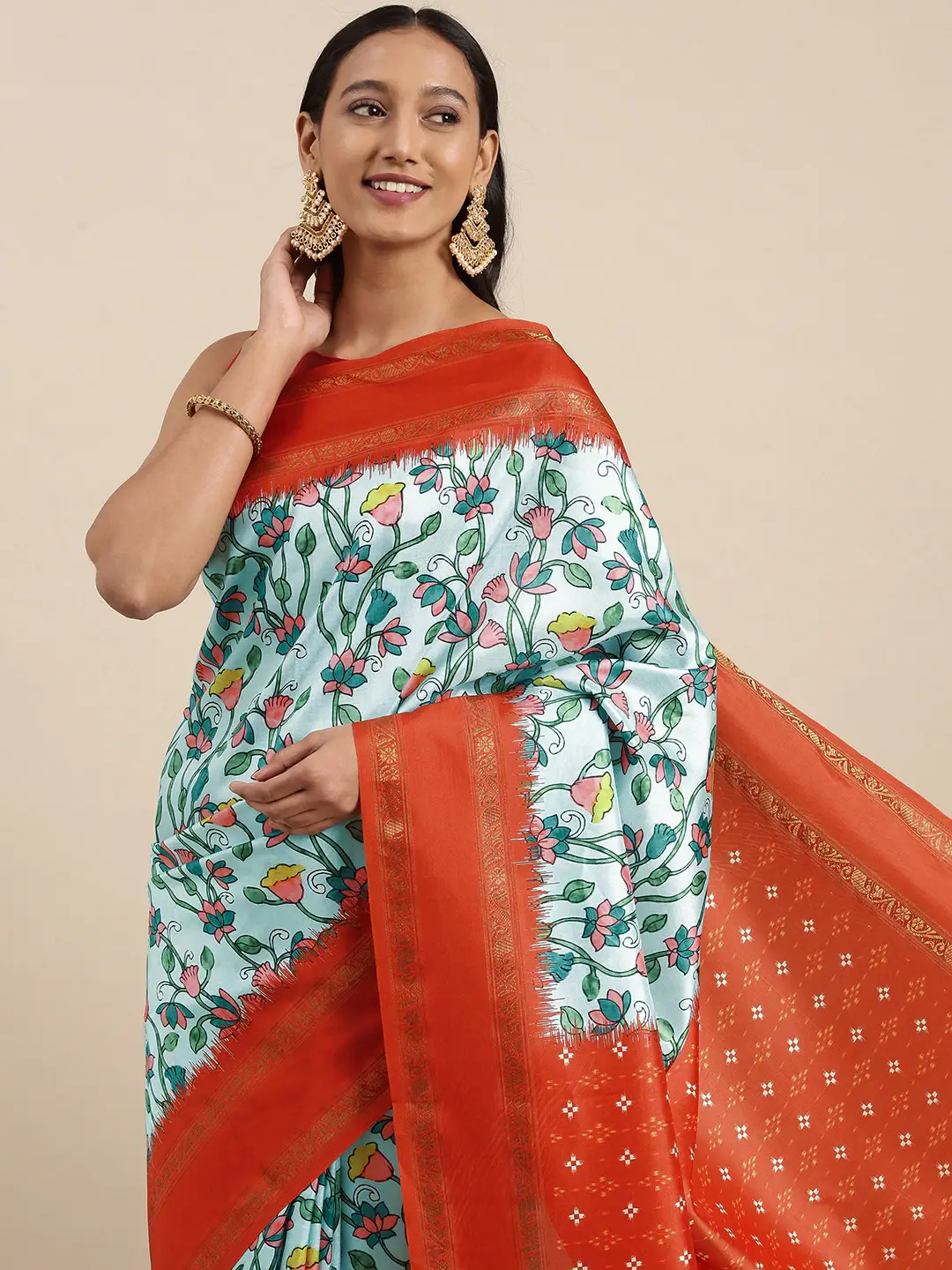 Soft Silk Kalamkari Digital Print Sky Blue Colour Saree