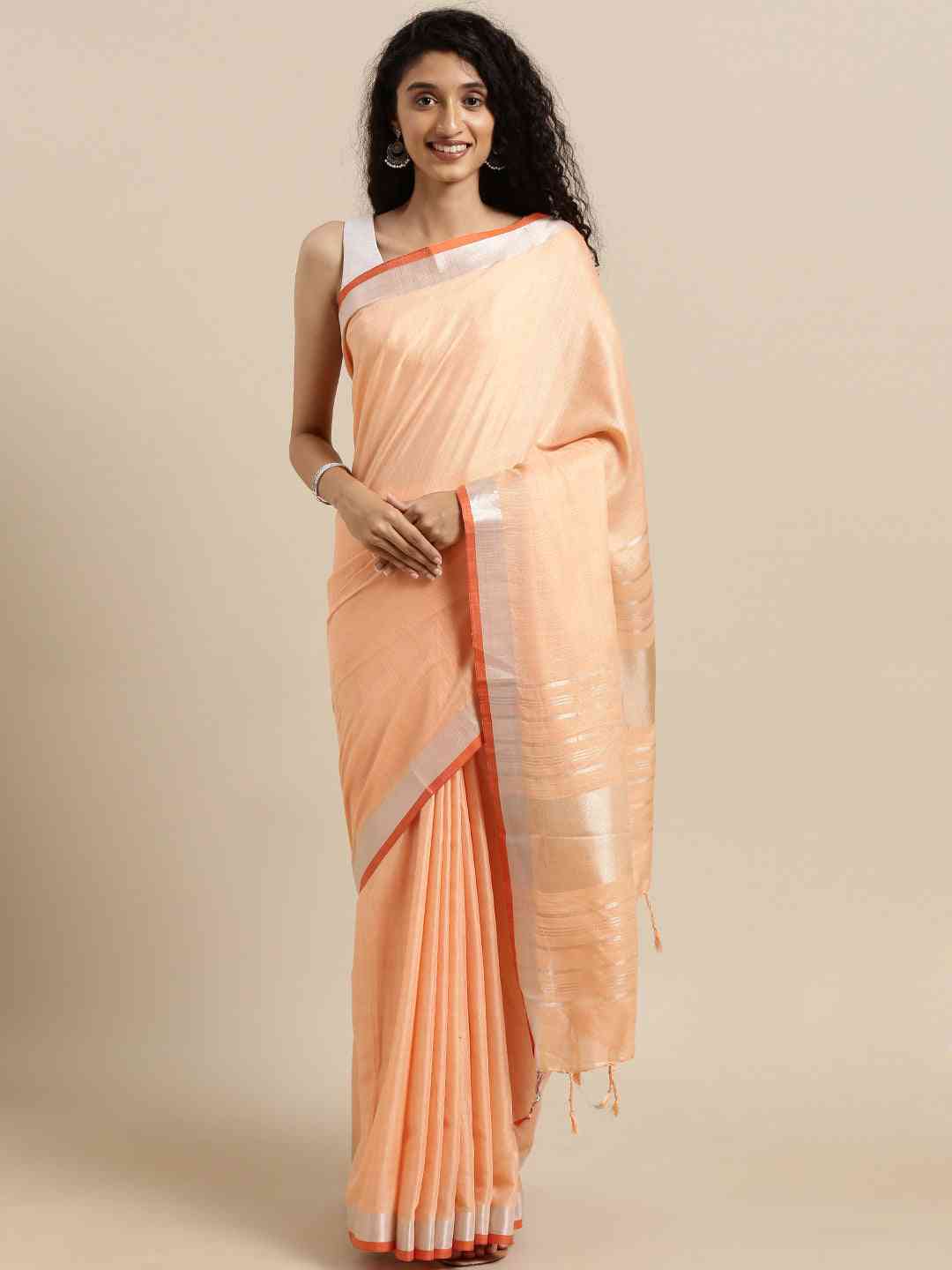 Stylish Solid Linen Saree With Zari Border