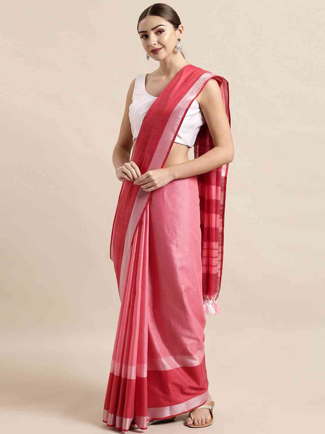 Stylish Solid Linen Saree With Zari Border