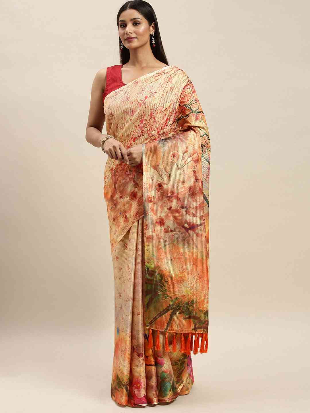 Soft Silk Zari Tissue Weaving Flower Print Design Saree