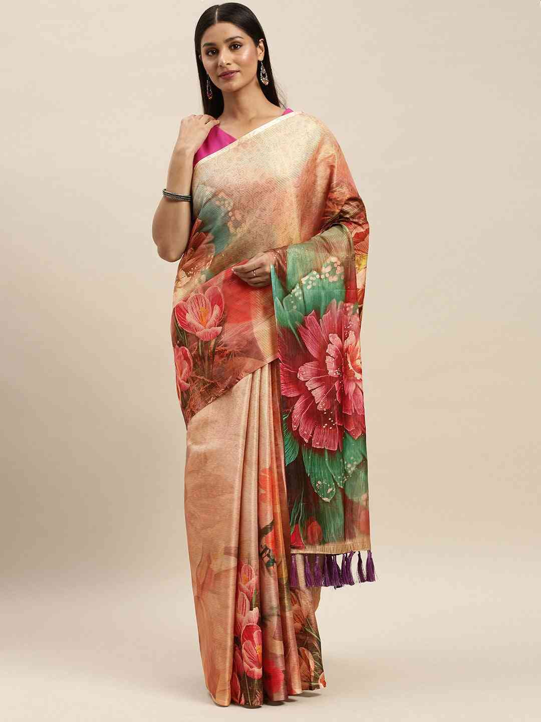 Soft Silk Zari Tissue Weaving Flower Print Design Saree