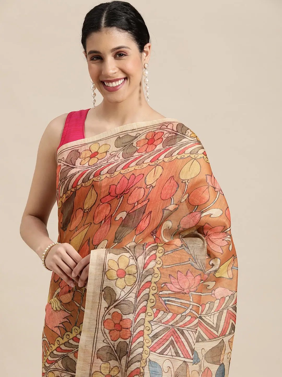 Beautiful Digital Print Kalamakri Design Soft Linen Saree